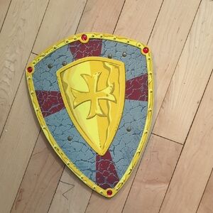 Toy Knight Foam Shield with Cross Crest - Yellow, Gray, Red